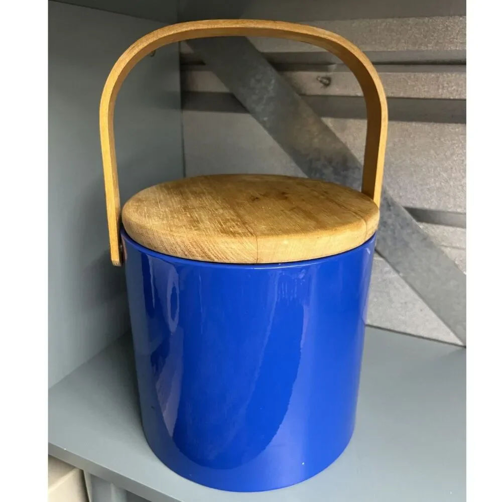 Vintage Georges Briard Blue Ice Bucket with Wood Handle & Lid Mid Century Modern